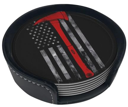 Firefighter Axe Red Line Flag Print Coaster Set – Round Home Kitchen Bar Coffee Table Décor, 6 Pcs Leather Drink Coasters