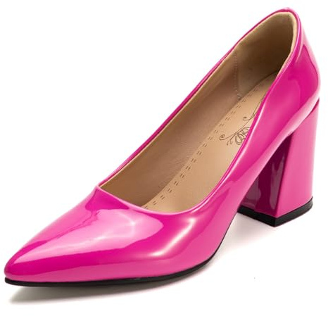Générique Femmes Bout Pointu Cuir Verni Escarpins À Robe Glisser sur Chaussures De Cour Talons Hauts Épais Chaussures De Mariage pour La Mariée,Fuchsia,48 EU