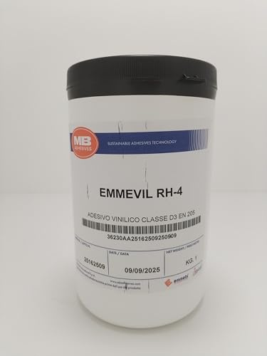 Colla Vinilica Professionale D3 EMMEVIL RH-4 (1kg / 5kg / 10kg) – Adesivo per Legno ad Alta Resistenza, Presa Rapida, Media Viscosità, per Falegnameria, Mobili e Pannelli, EN 204/205 (1 kg)