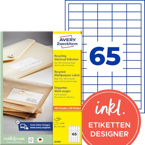 AVERY Zweckform LR3666 Recycling Etiketten (6.500 Klebeetiketten, 38x21,2mm auf A4, 100% recyceltes Altpapier, individuell bedruckbar, selbstklebende Aufkleber) 100 Blatt, naturweiß