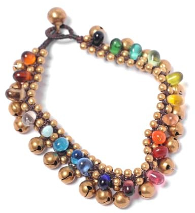 81stgeneration Fußkettchen aus Goldfarbenem Messing mit Glöckchen und Regenbogenfarbenen Glasperlen | Fußkettchen im Indischen Stil mit Perlen | Fußschmuck für Frauen | Mehrfarbiges Fußkettchen