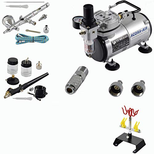 Agora-Tec® Airbrush Komplett-Set EXPERT IV.3, inkl. Kompressor mit 4 bar und 20l/min + 2 Airbrushpistolen mit 0,2 & 0,3 & 0,8mm Nadeln/Düsen + 2-Schnellkupplungen + 4fach-Halter + 1 Schlauch + Adapter