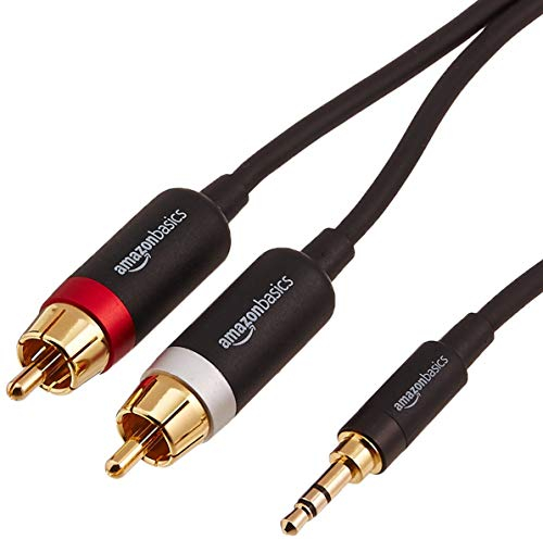 Amazon Basics 3.5 Aux auf 2 RCA Cinch-Adapter-Audiokabel für Verstärker, aktive Lautsprecher mit vergoldeten Steckern, 7.6 m, Schwarz