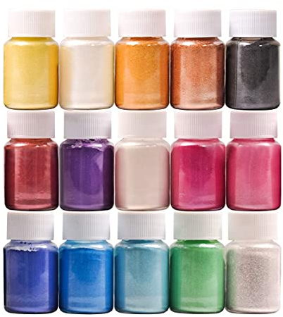DEWEL Epoxidharz Farbe Mica Pulver, 15 Farbe × 10g Perlglanz Epoxidharz Pigment metallischer Pulver Geeignet Für Seifenfarbe, Lipgloss, Lidschatten, Badebombe, Kerzenherstellung, Resin Pulverfarbe