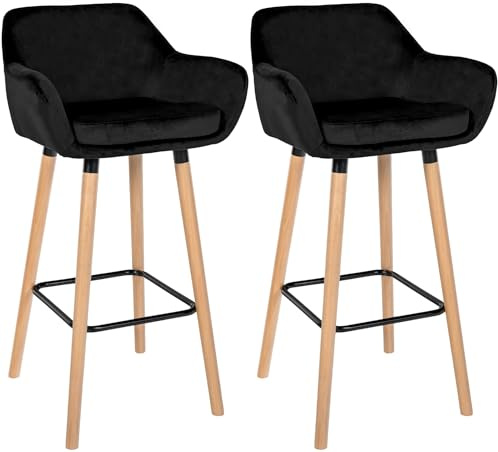 CLP Set de 2 taburetes Acolchados con Respaldo Grant, Taburete de Bar con Cubierta de Terciopelo, Estructura de Madera hasta 150 kg de Carga | Color Negro