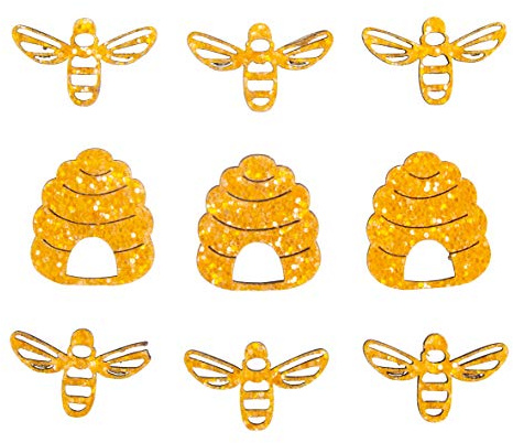 Rayher 46590166 Holz-Streuteile Bienen und Bienenkorb, honiggelb, 3 cm, Btl. 9 Stück, mit Klebepunkt, Holzstreuteile, Tischstreuer, Tischdeko, Tischschmuck
