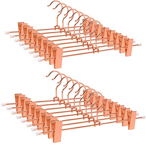 Amber Home 24 Pack Rose Copper Gold Metal Pants Skirts Hangers 12 Inch, Sturdy for Slacks Trousers with 2 Adjustable Non Slip Clips and Swivel Hook (24 Pack)