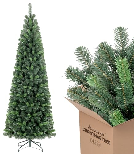 SALCAR Künstlicher Weihnachtsbaum Slim 180 cm, Tannenbaum Künstlich mit Handschuhen und Metallständer, Bleistift Christbaum PVC Grün