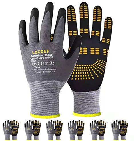 LOCCEF Endurance Knit Work Gloves MicroFoam Nitrile Coated-6 Pairs,Tacky Dot Grip, Multi Purpose,Micro-Foam Gloves(8-M)