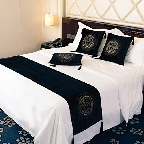 Runner da letto nero in velluto con nappa, motivo Sun Dio con diamante, per letto in hotel, per letto matrimoniale, 45 x 240 cm