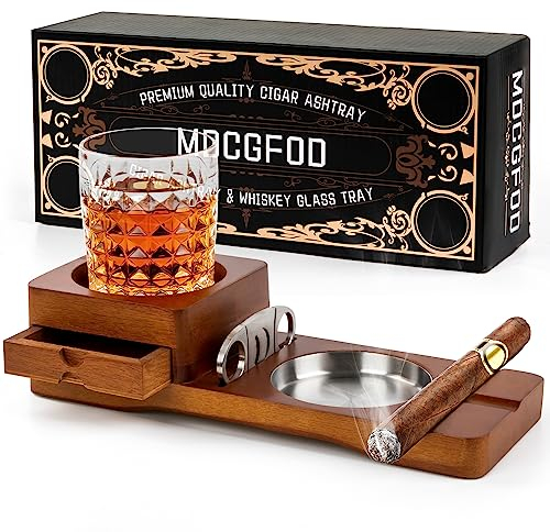 Cigar Ashtray Coaster Whiskey Glass Tray and Cigar Holder Wooden Ash Tray Slot to Hold Cigar Cigar Rest Cigar Cutter Cigar Accessory Set Gift for Men Dad Great Decor for Home
