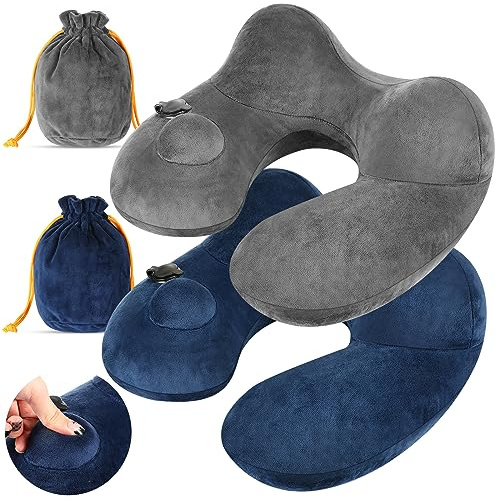 Xtinmee 2Pcs Self-Inflatable Pillow Soft Airplane Travel Pillow with Compact Bag for Long Flight Neck Cushion for Head Support Car Home Office 12.2x11.81x5.91in(Gray, Blue)