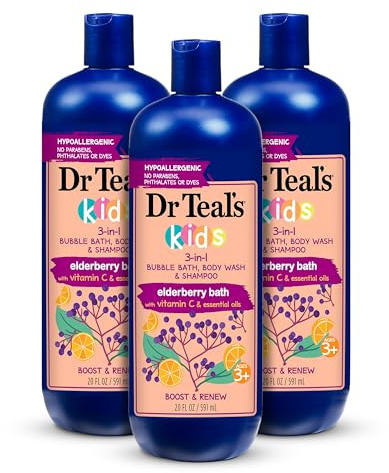Dr Teal's Kids 3-in-1 Bubble Bath, Body Wash & Shampoo, Boost & Renew Elderberry with Vitamin C, 20 fl oz. (Pack of 3)