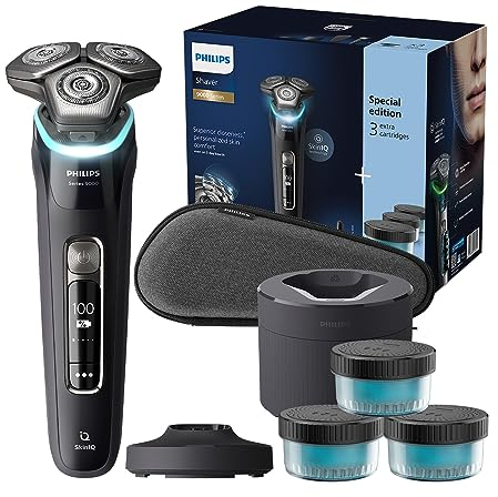 Philips Shaver S9000 – Elektrischer Nass-& Trockenrasierer für Männer, Schwarz, Lift & Cut System, SkinIQ Technologie, Barttrimmer, Reinigungsstation, Ladestation & Reiseetui(Modell S9976/63)