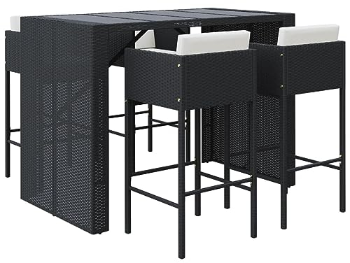 Gecheer 5-TLG.Gartenbar-Set mit Kissen Theke Bar Tresen Gartentheke Bistro-Set Sitzgruppe Essgruppe Bartisch Stehtisch Barhocker Barstuhl Gartenmöbel Terrassen-Barset Garten Barset Poly Rattan