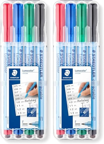Lumocolor STAEDTLER Folienstift correctable, trocken korrigierbar, F-Spitze Linienbreite ca. 0.6 mm, hohe Qualität Made in Germany, Set mit 4 Farben, 305F WP4-1, 4 Stück (2er Pack)