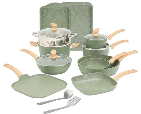 Kitchen Academy 17 Piece Non-Stick Pots and Pans Set, Induction Pan Set, Granite Non-Stick Saucepan Set, Green