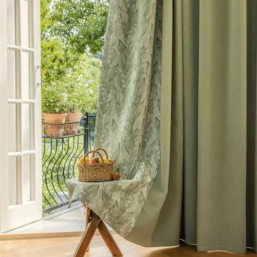 Bishilin Vorhänge Stangendurchzug Matcha Grün, Gardinen Vorhänge Blickdicht 2er Set Verbinden Landhausstil mit Blumen Motiv 140x215CM Verdunklungsvorhänge Schlafzimmer Wohnzimmer Kinderzimmer