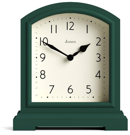 Jones Clocks® Tavern mantel clock | Modern arch top design | Dark green | Contemporary classic style for desk, table, shelf or bedside
