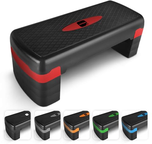 KAYMAN Exercise Steps with Adjustable 4 Step Level Heights (10,25 cm), Fitness Stepper for Home & Gym, Suited for Aerobic Steps, Cardio, Weights, Yoga, DVD Workout, 115kg Max Capacity (Red)
