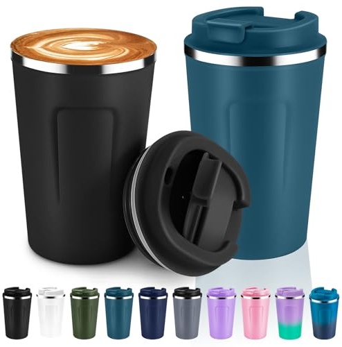 Volhoply 350 ml Dubbelväggs isolerat vakuum resekaffemuggar med vikbart lock 2-pack, återanvändbara rostfria stål läcksäkra kaffemuggar, portabla varm-/kaldryckskrus (Blandade färger,2)
