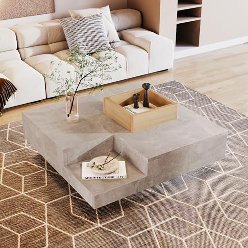 MURUL Couchtisch Wohnzimmertisch Beistelltisch mit herausnehmbarer Aufbewahrungsbox, Holzfarbe und Betongrau, 72×72×30 cm (grau + Holzfarbe)