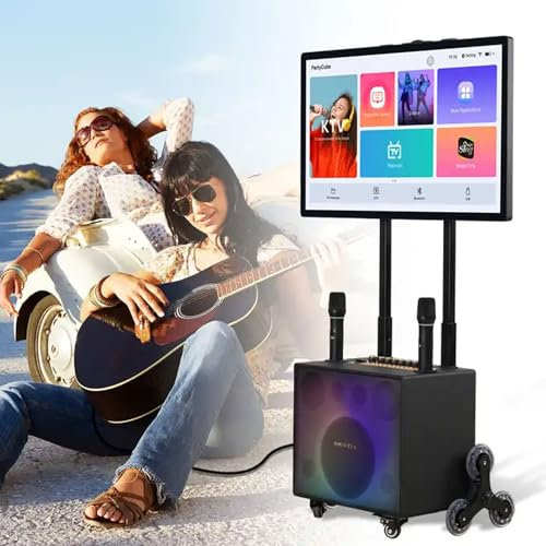 Máquina de karaoke profesional, sistema de altavoces PA de karaoke Bluetooth portátil con tableta táctil de 32, 2 micrófonos inalámbricos, altavoz LED de color plegable para exteriores, campamentos