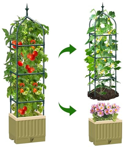 MQJIAZHI Raised Tomato Planter Box with Metal Trellis, 180 CM Self-Watering Trellis Planter with Wheels for Climbing Plants, Raised Bed Planters with Trellis for Garden Indoor Outdoor Patio Balcony