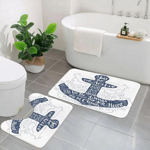 KGDHY Badezimmermatten-Sets 2-Teilig,Anker, maritimes Motiv im Doodle-Stil mit Wirbeln und Locken, motivierendes Zitat-Desig,Bad und WC-Vorleger-Set,rutschfeste Badezimmerteppiche wasserabsorbierende