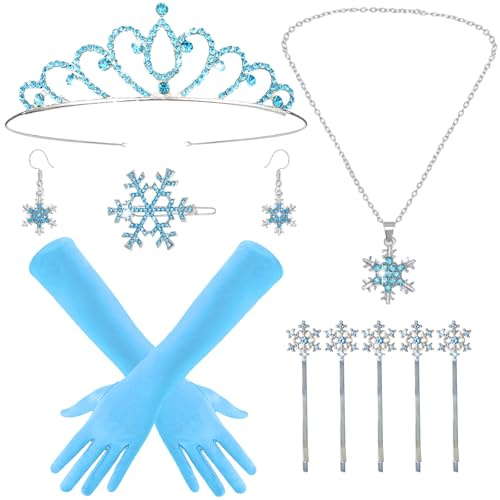 Saier tbo 10 Stück Frozen Prinzessin Kostüm, Prinzessin Schneeflocke Zubehör Set mit Krone Haarspangen Ohrringe Kette Handschuhe für Frauen Geburtstage Fasching Karneval Cosplay