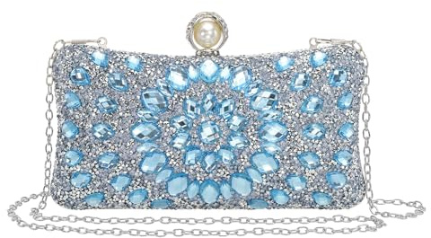sourcing map Evening Bags for Women, Sparkly Crystal Rhinestone Clutch Purse with Chain Strap Shoulder Bag for Wedding Party Evening Weekend, Light Blue