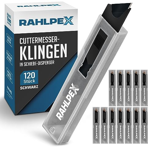 Rahlpex 120 x Cuttermesser Klingen 18mm extra scharf und langlebig. Abbrechklingen für Teppichmesser inklusive Schiebedispenser mit Karbonstahl Klingen Cuttermesser, schwarz (120 Stück)