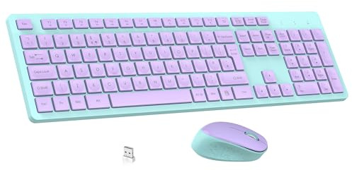 LeadsaiL Wireless Keyboard and Mouse Set, Full Size Ergonomic Design, UK Layout, Two-Tone Design, Noiseless Click, 12 Multimedia Shortcuts, Compatible with Windows/Mac PC Laptop - Purple and Mint