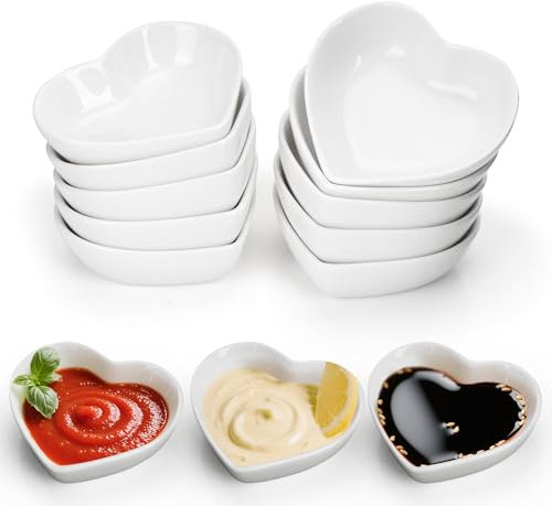YKUKIZEE 12 PCS Heart Shaped Dipping Bowls Ceramic, 8 CM Mini Side Seasoning Dish, 50 ML Porcelain Sushi Soy Bowl Condiment Dishes for Ramekin Serving Snacks Ketchup