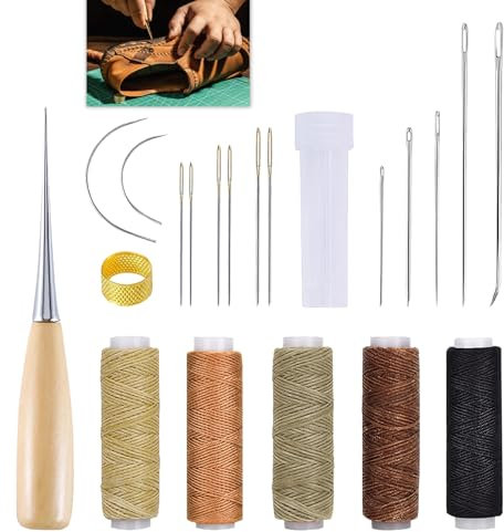 Kit de Costura para Cuero 21 Piezas: Incluye Agujas, Hilo para Coser Cuero, Dedal, Ideal para Reparación de Tapicería y Manualidades, Herramientas de Costura para Tela Gruesa y Cuero
