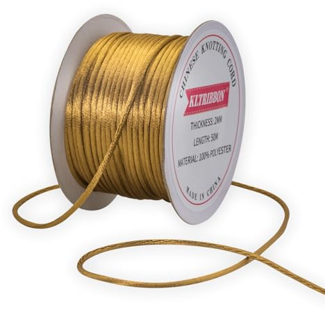 KLTRIBBON 2mm Rattail Cord Gold String - 50 Meters Chinese Knotting Cord Rat Tail Silk Thread for Bracelet Necklace Jewelry Making Macrame Trim