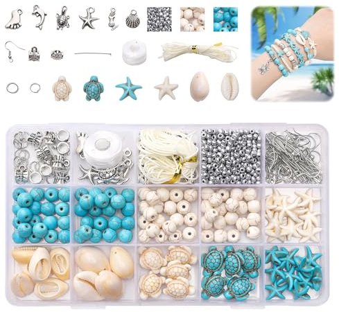 715 Stück Perlen für Armbänder, Meeresschildkröten perlen anhänger Muschel Seestern Perlen Set,Ozean Sommer Hawaii Türkisfarbene Glücksperlen, Muschel Anhänger zur Schmuckherstellung, DIY Bastelset