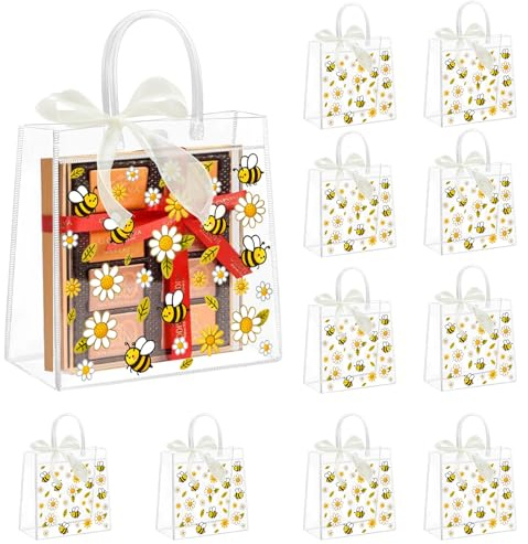 MOAMUN 10 Stück Biene Geschenktüten Durchsichtig mit Dekorativen Band, 20x20x8cm PVC Geschenktüte Geschenktaschen mit Griff, Wasserdicht Wiederverwendbar Geschenktasche für Hochzeit Geburtstag Party