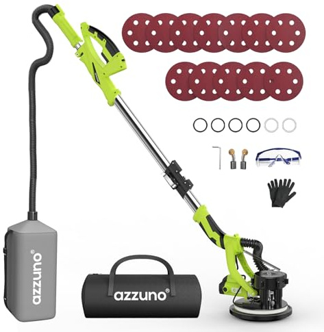 Drywall Sander with Vacuum Dust Collector, AZZUNO Popcorn Ceiling Removal Tool, 800-1900RPM, Extendable Handle, LED Light, 12pcs Sanding Discs