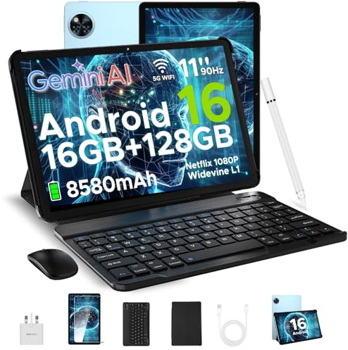 DOOGEE U11 Android 16 Tablet with Keyboard, Gemini AI Android Tablets 11 Inch Octa-Core 16GB RAM 128GB ROM(TF 2TB), 8580mAh Battery, Widevine L1|5G WiFi Tablet with Pen, Mouse & Case, Black