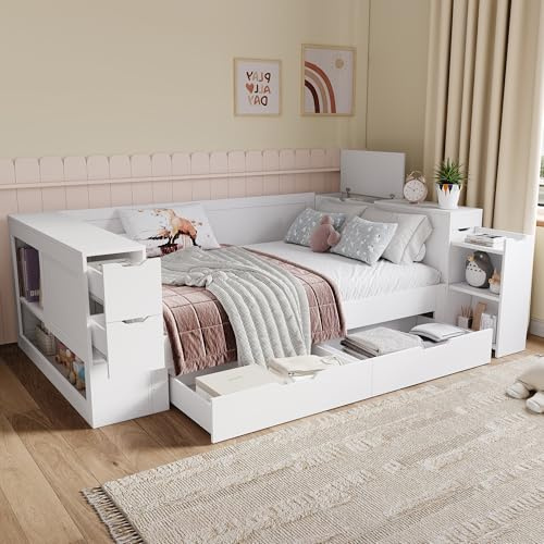 Kebnor Kinderbett,Daybed, 90 x 200 cm, Einzelbett, multifunktionales Kinderbett mit Schubladen, Regalen und Stauraum, mit nachttisch,mit Stauraum, ohne Matratze, weiß