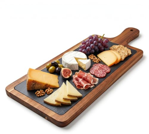 Serveringsbräda med handtag 45 x 15 cm – serveringsbräda i akaciaträ med skifferinsats – rektangulär ostbräda, antipastiplatta, frukostbräda, tapasbräda, rustik och elegant