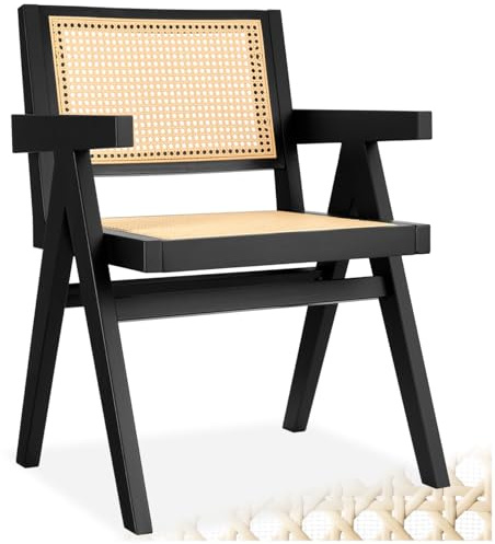 tectake® Stuhl mit Armlehne, Küchenstuhl, Armlehnstuhl, Boho Korbsessel Wiener Geflecht, Dining Chair, Stuhl Esszimmer, Sessel Wohnzimmer, Holzstuhl, Sitzecke Küche - schwarz mit Armlehne, 1 Stuhl
