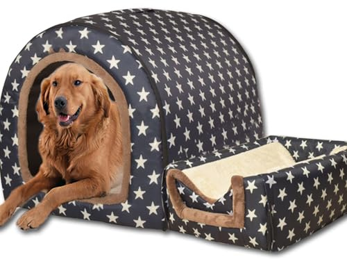 Hundebett, 2-in-1-Hundehütte, warm, große Haustierhöhle, wasserdicht, luxuriöses Haustierhaus, abnehmbar, Anti-Angst-Katzen-Hundebetten für drinnen und draußen (90 x 68 x 66 cm, D)