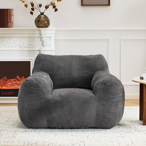 EROMMY Pouf en velours côtelé pour adulte avec accoudoirs, surdimensionné, salon confortable, canapé simple et moelleux, pour salon, chambre à coucher et dortoir, gris