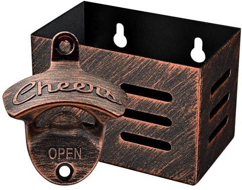 Luwanburg Rustic Cheers Bottle Top Opener Wall Mounted and Little Cap Catcher Collector Drain Holes Antique Copper Mountable for Wooden DIY Cooler Carrier Board