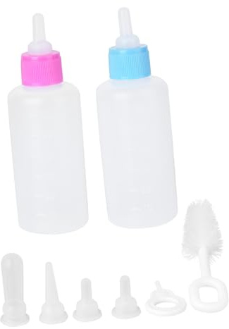 UPKOCH Pet Nursing Bottles 7pcs Feeding Kit 60ml Plastic Milk Bottles with Teats for Puppies and Kittens Newborn Feeding Supplies Set (pink and Blue