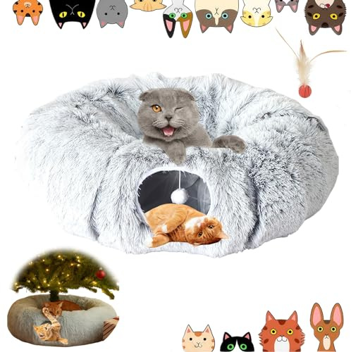 Yagerod Schlummertunnel - Katzenspielbett, 2-1-Funktion Komfort Katzentunnel, Spielspaß Katzenbett Flauschig, Katzentunnel Große Katzen, die Rettung für Deinen Weihnachtsbaum(Dunkelgrau-Weiß)