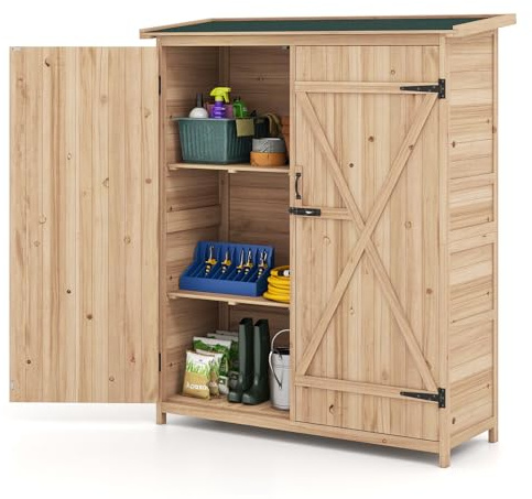 HOMASIS Gartenschrank Holz, Gerätehaus Outdoor Wetterfest, Gartenhaus mit 3 Ablagen & Schrank, Geräteschrank mit Asphaltdach & 2 abschließbaren Türen, Gartenschuppen Geräteschuppen (140x51x163cm)
