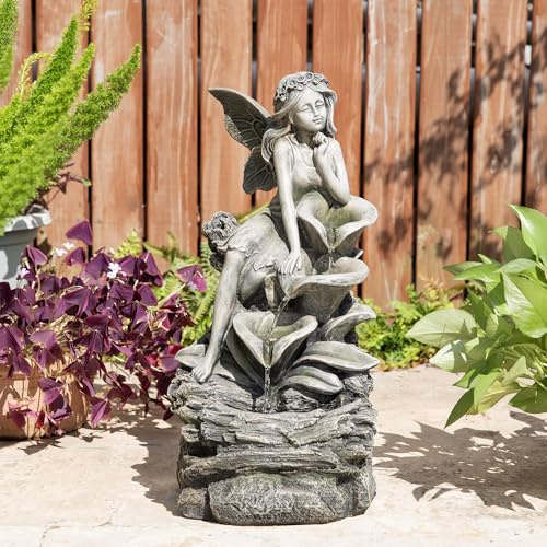 Glitzhome Water Fountain Outdoor, Outdoor Fountain with Lights & Pump, 22.75 H 4-Tiered Concrete Fairy Polyresin Cascading Waterfall Floor Standing Water Feature for Garden, Patio, Yard, Deck